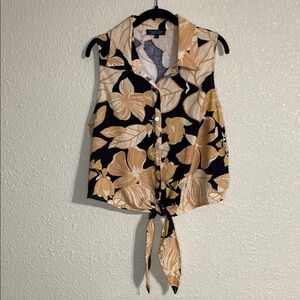 Rachel Zoe Beige and Black Floral Sleeveless Tie-Front Top NWOT Size L